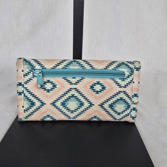 Kavu Tri-Fold Wallet Cotton Pink White Blue Geo Aztec - Picture 2 of 13